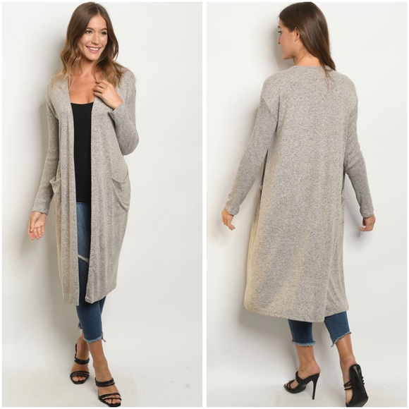 Longline light taupe cardigan with pockets - Picture 1 of 4